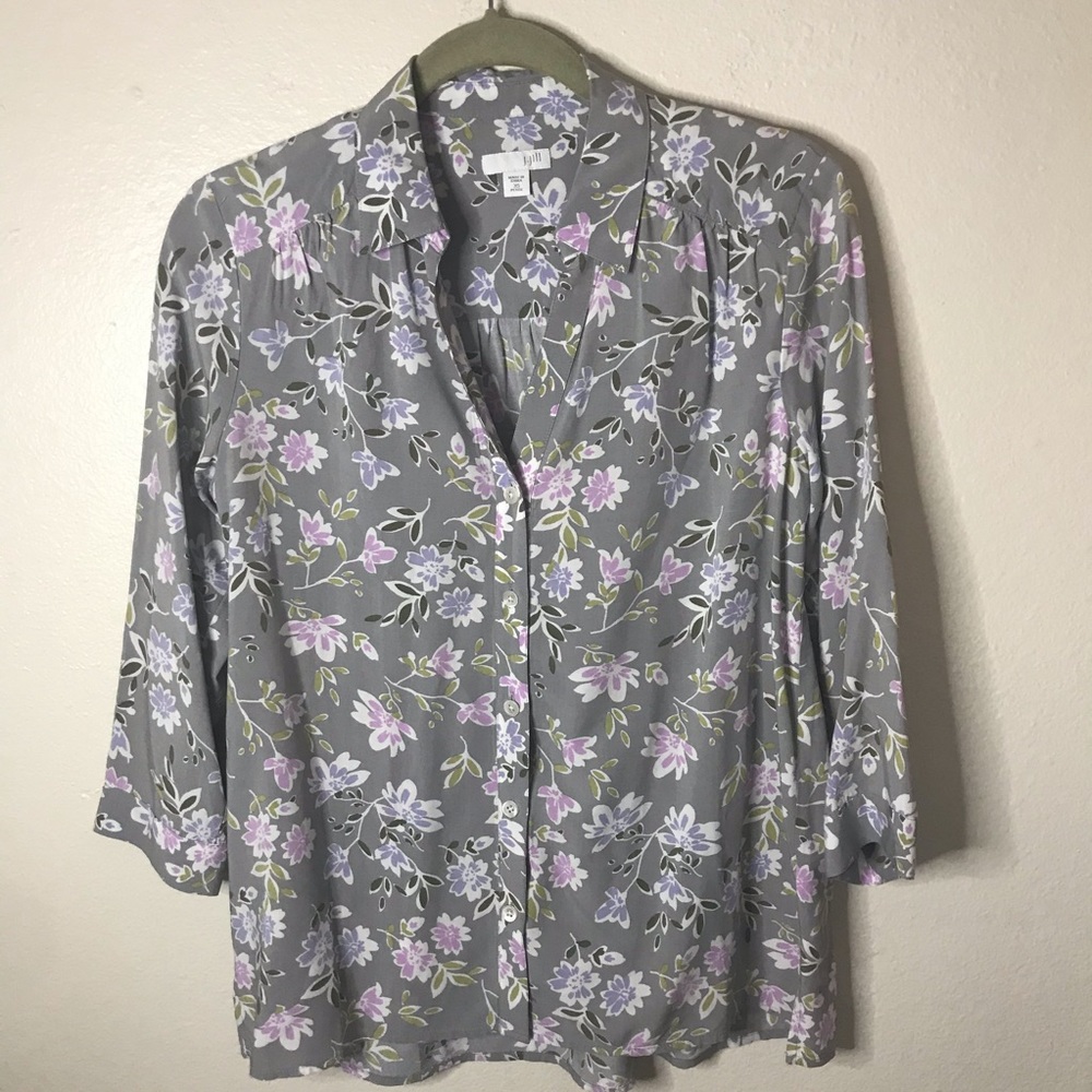 J Jill gray purple floral 3/4 sleeve button blouse